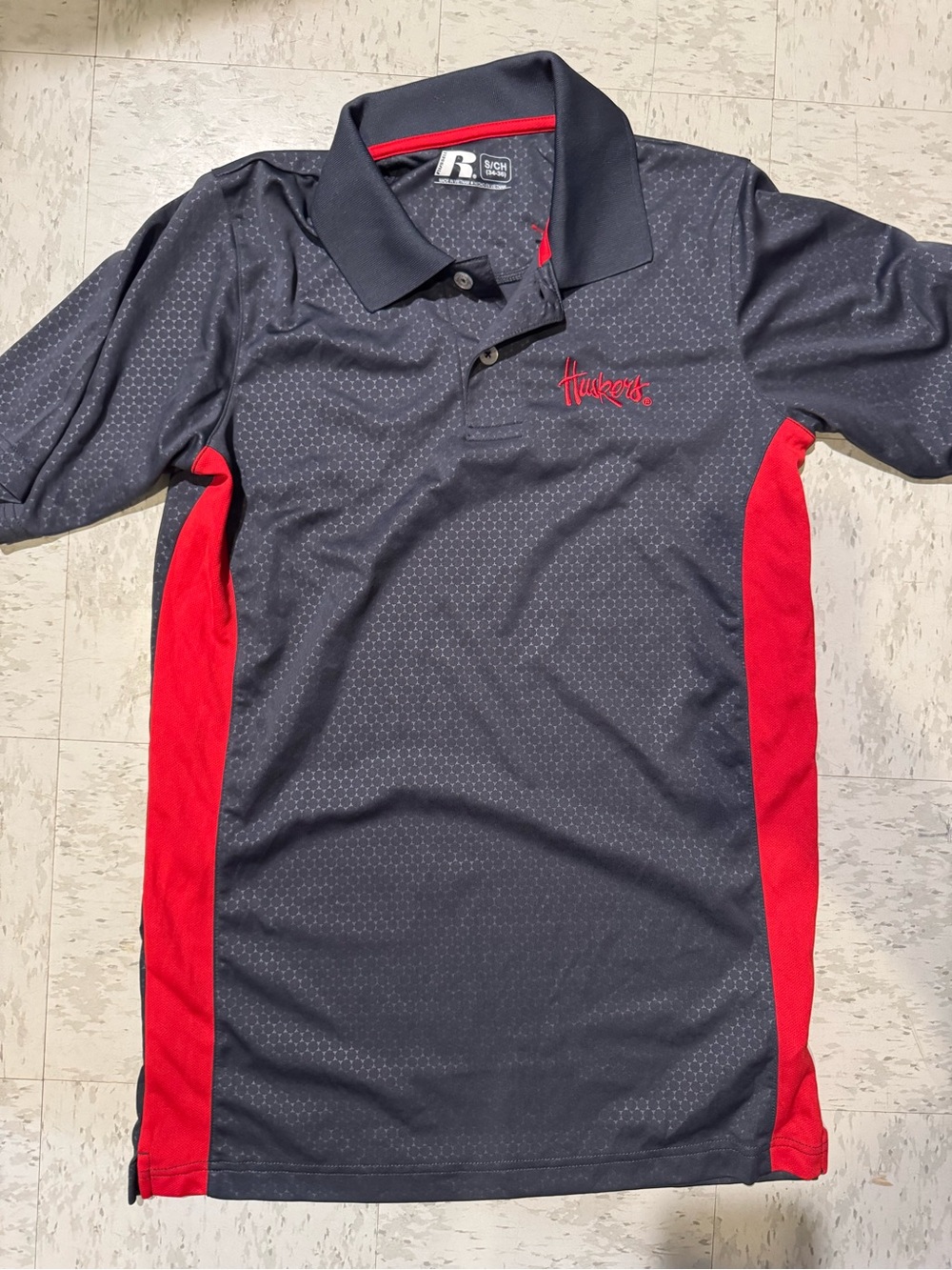 Russell Athletic Men’s Charcoal & Red Polo with Huskers Embroidery